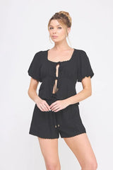 LINEN BLEND PUFF SHORT SLEEVE LACE-UP TOP