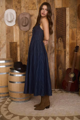 STRIPE FRONT HOOK CORSET DENIM MIDI DRESS