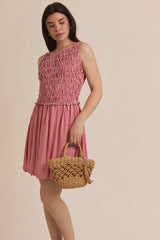 PLAID SMOCKED SLEEVELESS MINI DRESS