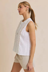 ROUND NECK LACE TRIM DETAIL BUTTON UP EYELET TOP