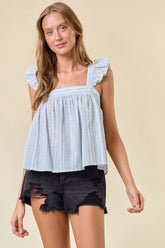 STRIPED RUFFLE CAP SLEEVE TIE BACK DETAIL TOP