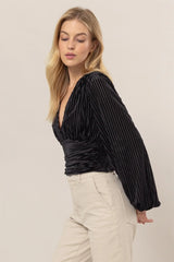 VELVET STRIPED SURPLICE TOP