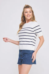 SOFT FINE SHORT SLEEVE STRIPED SWEATER TOP