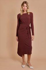 FRONT WRAP TIE LONG SLEEVE MIDI DRESS