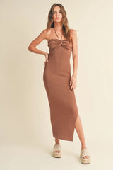 HALTER NECK KNIT LONG SLIT DRESS