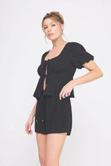 LINEN BLEND PUFF SHORT SLEEVE LACE-UP TOP