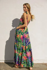TROPICAL SMOCKED BACK TIE SHOULDER MAXI DRESS