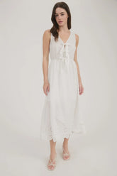 FRONT BOW TIE SLEEVELESS EYELET HEM MIDI DRESS