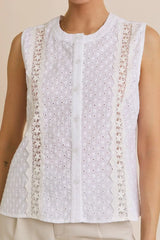 ROUND NECK LACE TRIM DETAIL BUTTON UP EYELET TOP