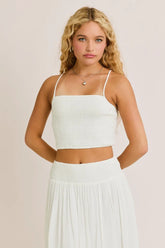 SMOCKED SPAGHETTI STRAP CROP TOP