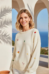 ROUND NECK LONG SLEEVE EMBROIDERED SWEATER