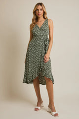 V NECK WAIST TIE SLEEVELESS MIDI DRESS