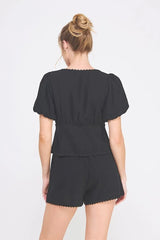LINEN BLEND PUFF SHORT SLEEVE LACE-UP TOP