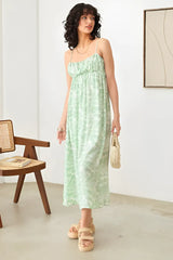 SLEEVELESS SHIRRING TROPICAL PRINT ADJUSTABLE STRAP MAXI DRESS