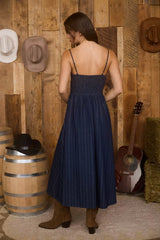 STRIPE FRONT HOOK CORSET DENIM MIDI DRESS