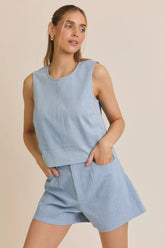 SLEEVELESS DENIM STRIPE TOP