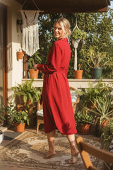 SOLID BUTTON DOWN BELTED LONG RED DRESS