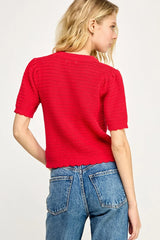 PUFF SLEEVE RIBBON DETAIL CROCHET CARDIGAN TOP