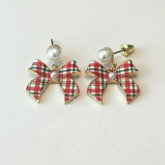 PLAID PEARL DROP GOLD CHRISTMAS EARRINGS