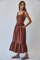 SOLID COTTON LACE TIE FRONT MAXI DRESS