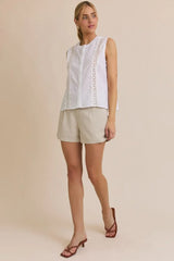 ROUND NECK LACE TRIM DETAIL BUTTON UP EYELET TOP
