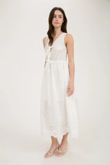 FRONT BOW TIE SLEEVELESS EYELET HEM MIDI DRESS