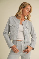 COLLARLESS CROPPED STRIPED JACKET DENIM