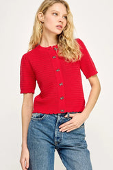 PUFF SLEEVE RIBBON DETAIL CROCHET CARDIGAN TOP