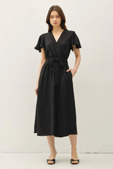 RUFFLE CAP SLEEVE V NECK TIE WAIST MIDI DRESS