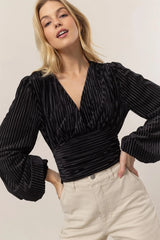 VELVET STRIPED SURPLICE TOP