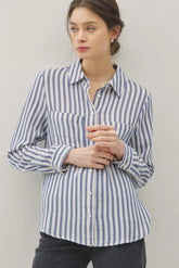 STRIPED COTTON GAUZE BUTTON UP TOP