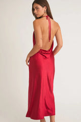 HALTER COWL NECK OPEN BACK SATIN MIDI DRESS