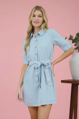 PINSTRIPE COLLARED HALF SLEEVE MINI SHIRT DRESS