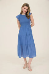 SMOCKED TIERED MIDI DRESS