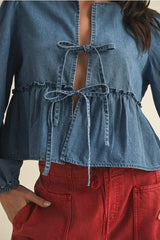 RUFFLE HEM TIE CLOSURE DENIM TOP