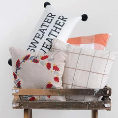 SWEATER WEATHER EMBROIDERED COTTON KNIT LUMBAR POMS PILLOWS