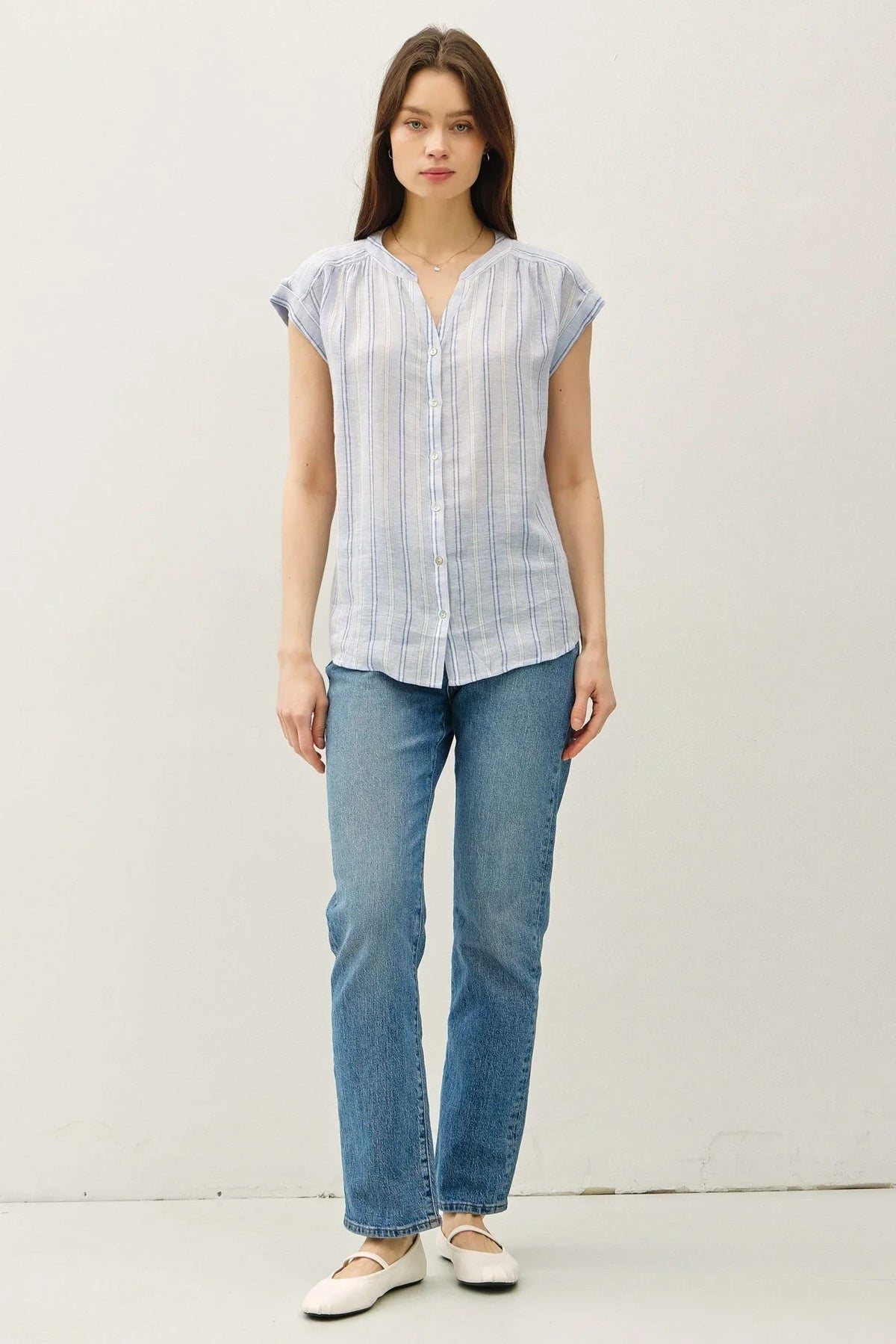 STRIPED MANDARIN COLLAR LINEN SHIRT