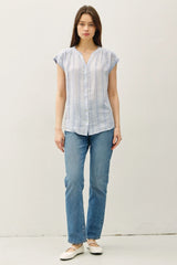 STRIPED MANDARIN COLLAR LINEN SHIRT