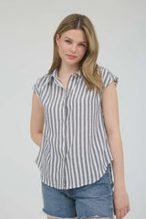 STRIPE COLLARED SHORT SLEEVE BUTTON DOWN SHIRT