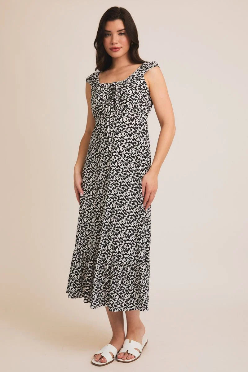 FRONT TIE CAP SLEEVE ABSTRACT PRINT DRESS