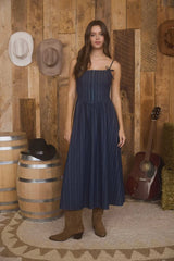 STRIPE FRONT HOOK CORSET DENIM MIDI DRESS