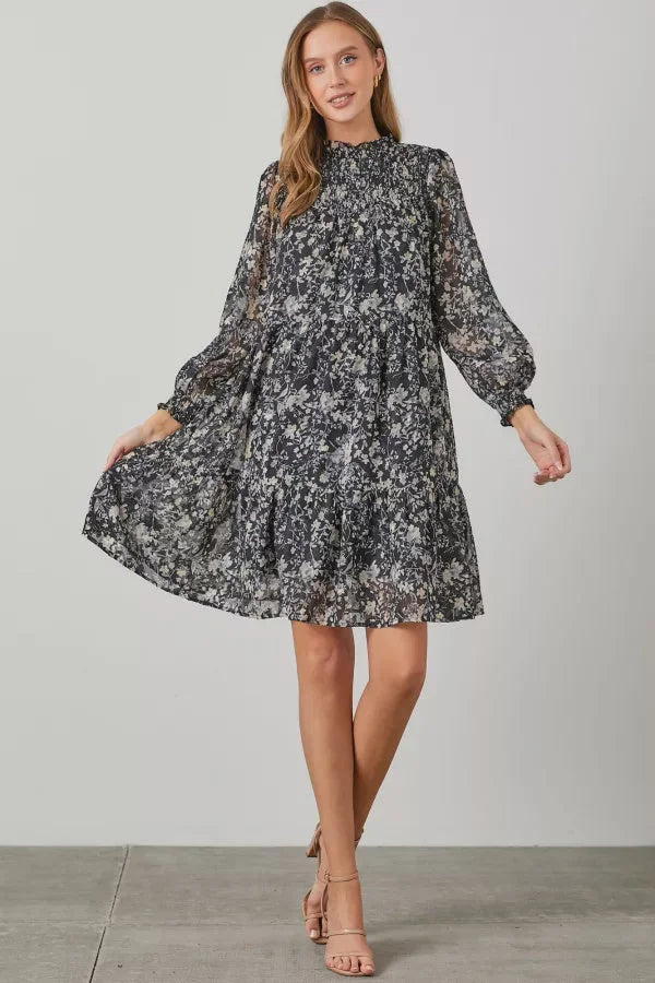 FLORAL PRINT SMOCKED YOKE TIERED DRESS