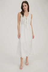 FRONT BOW TIE SLEEVELESS EYELET HEM MIDI DRESS
