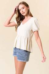 SLUB RIBBED V-NECK PUFF SHORT SLEEVE BABYDOLL TOP