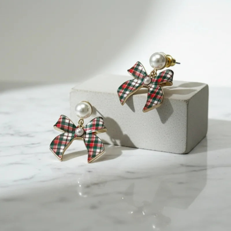 CHRISTMAS  PLAID BOW EARRINGS