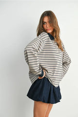 QUARTER-BUTTON STRIPED COLLARED LONG SLEEVE TOP
