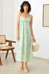 SLEEVELESS SHIRRING TROPICAL PRINT ADJUSTABLE STRAP MAXI DRESS