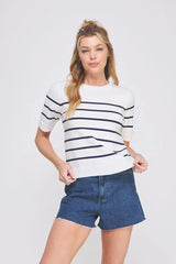 SOFT FINE SHORT SLEEVE STRIPED SWEATER TOP
