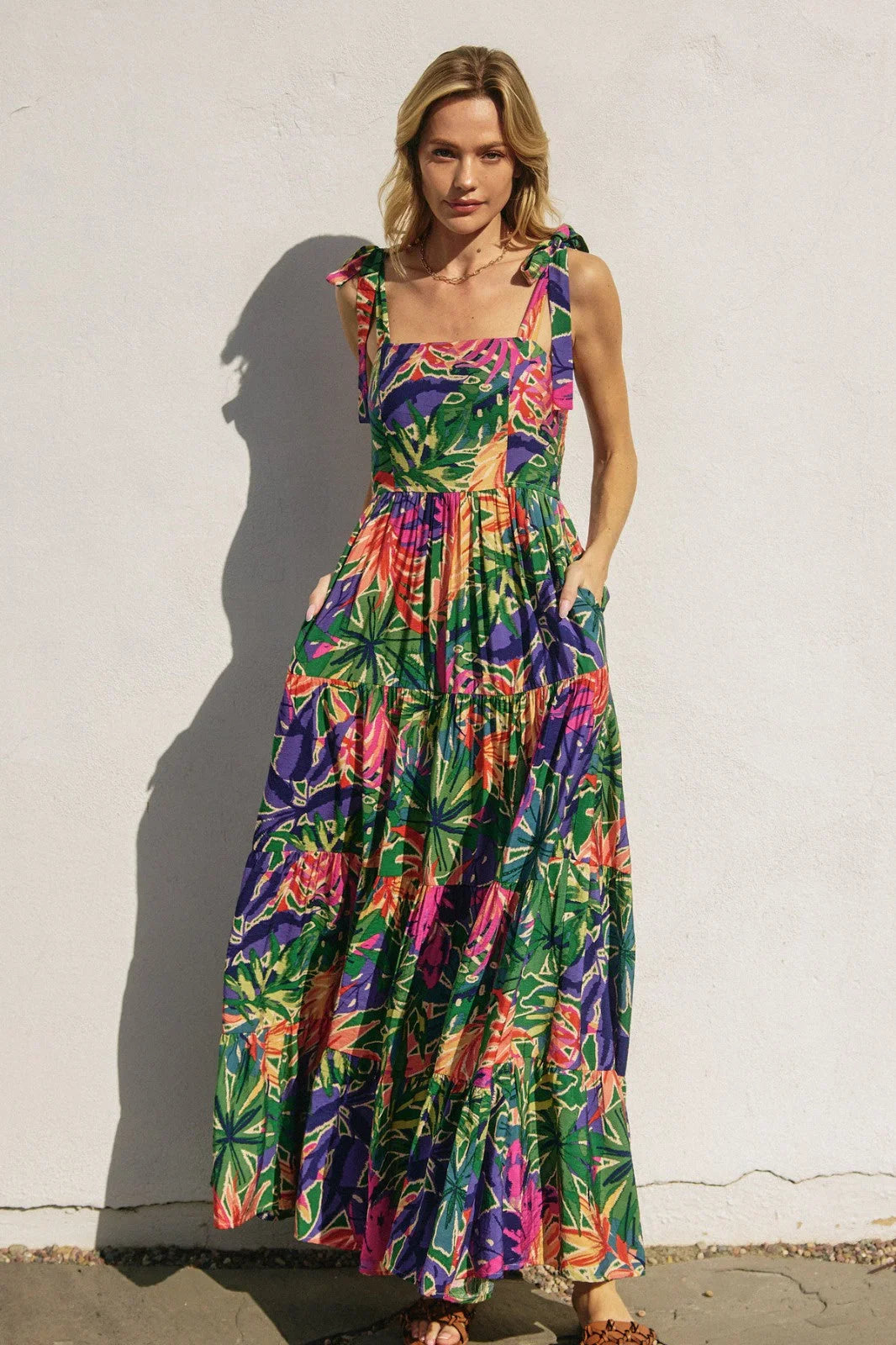 TROPICAL SMOCKED BACK TIE SHOULDER MAXI DRESS