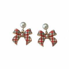 PLAID PEARL DROP GOLD CHRISTMAS EARRINGS